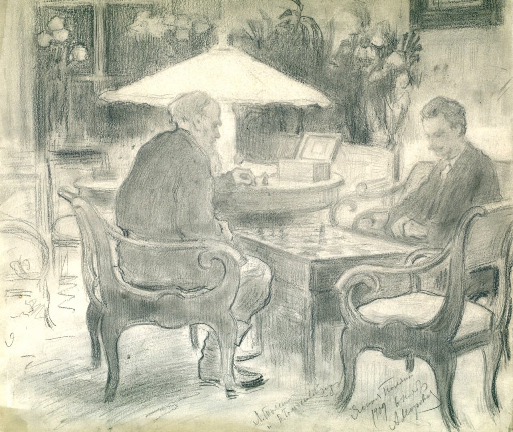 А.В. Моравов Л.Н. Толстой и А.Б. Гольденвейзер за шахматами 1909 г.