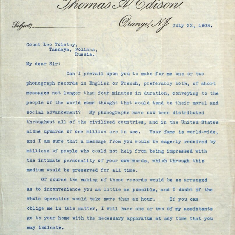 Письмо Томаса Эдисона к Л.Н. Толстому. 22 июля 1908 г. Оранж, США