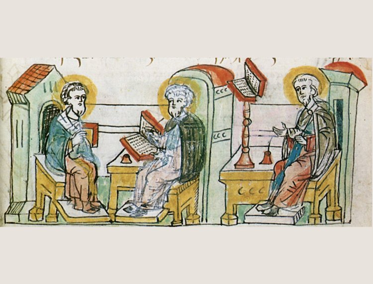 Перевод богослужебных книг Кириллом и Мефодием. Миниатюра из Радзивилловской летописи, конец XV века